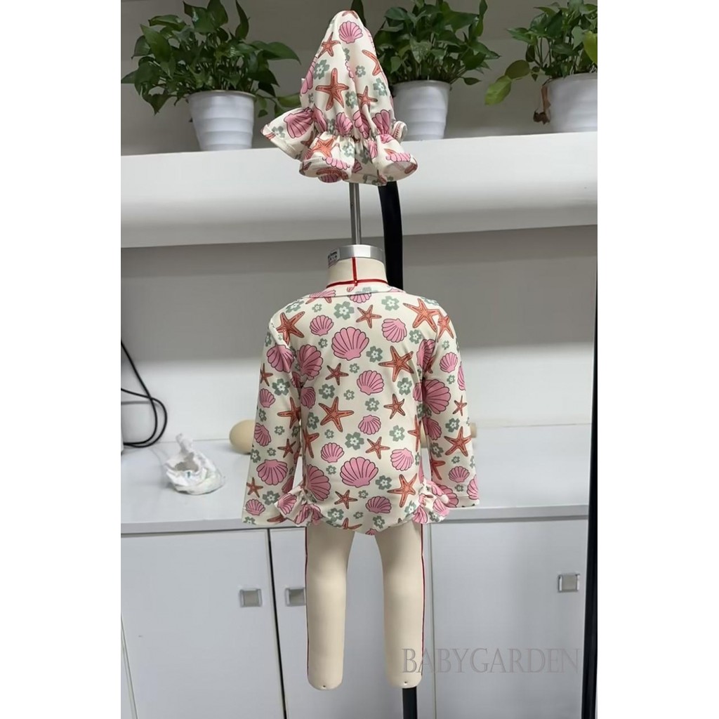 //-6เดือน-4ปี เด็กทารกผื่นยามชุดว่ายน้ํากับหมวกเปลือกปลาดาวลายซิปขึ้นแขนยาวลูกเรือคอชุดว่ายน้ํา