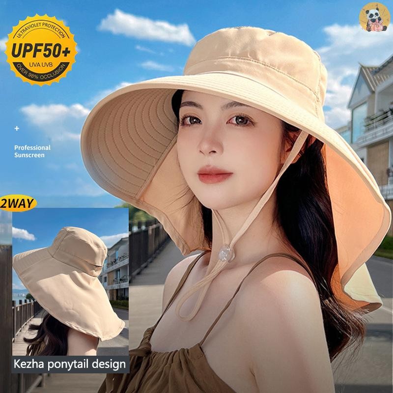[CO] ฤดูร้อนผู้หญิงถังหมวกผ้าคลุมไหล่น้ําหนักเบาbreathable Faceคอป้องกันหมวกกันแดดหมวกชายหาดออกแบบTravel [TH]