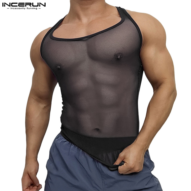 Incerun Men Vintage Personality See-Through Sleeve Design Tank