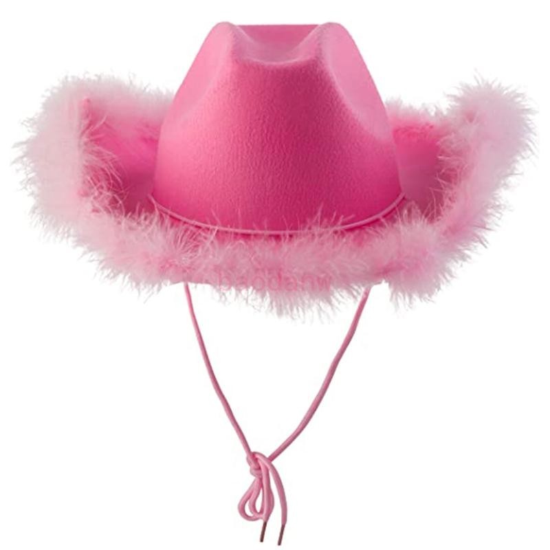 Bdw Casual สีชมพู Cowgirl หมวกคาวบอยตะวันตกหมวก Fluffy Feather Brim หมวกคาวบอย All-match สําหรับธีมวันเกิด Party Photo