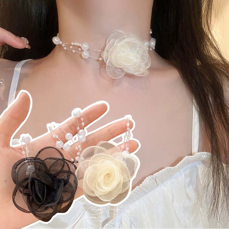 Handmade Lace Camellia Pearl Choker - ปรับโรแมนติกสร้อยคอผู้หญิงเครื่องประดับ-หวาน,หรูหรา,เกาหลี-แฟชั่นเครื่องประดับอุปกรณ์เสริม-สีดําสีขาวผ้าดอกไม้ Clavicle Chain