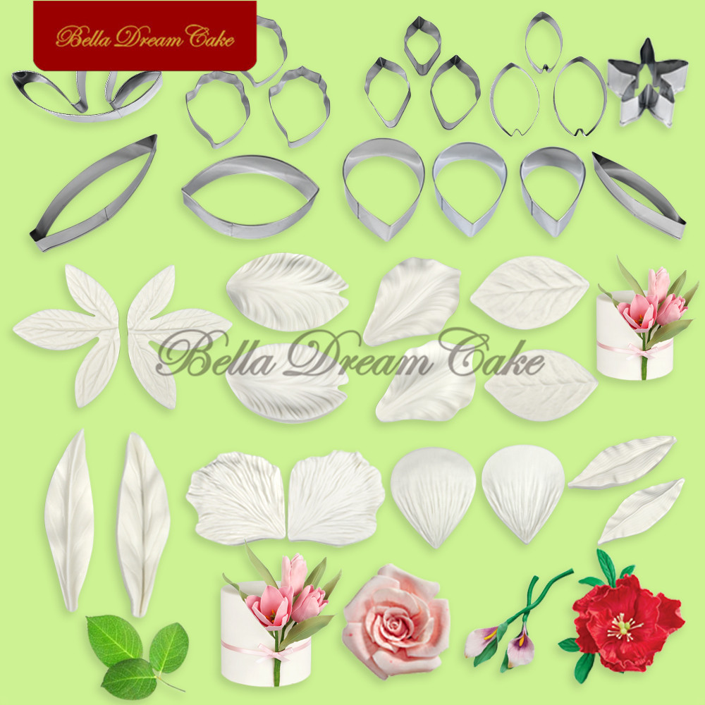3d Rose/Calla Lily/Tulip/Pyony กลีบใบซิลิโคน Veiner แม่พิมพ์เครื่องตัดสแตนเลส DIY Fondant ดอกไม้ Clay Mould เค้กเครื่องมือ