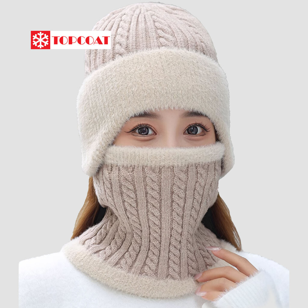 หมวกกันหนาวปิดหูพร้อมผ้าพันคอแบบสวม ยืดหยุ่นได้ดี ด้านในเป็นบุขน