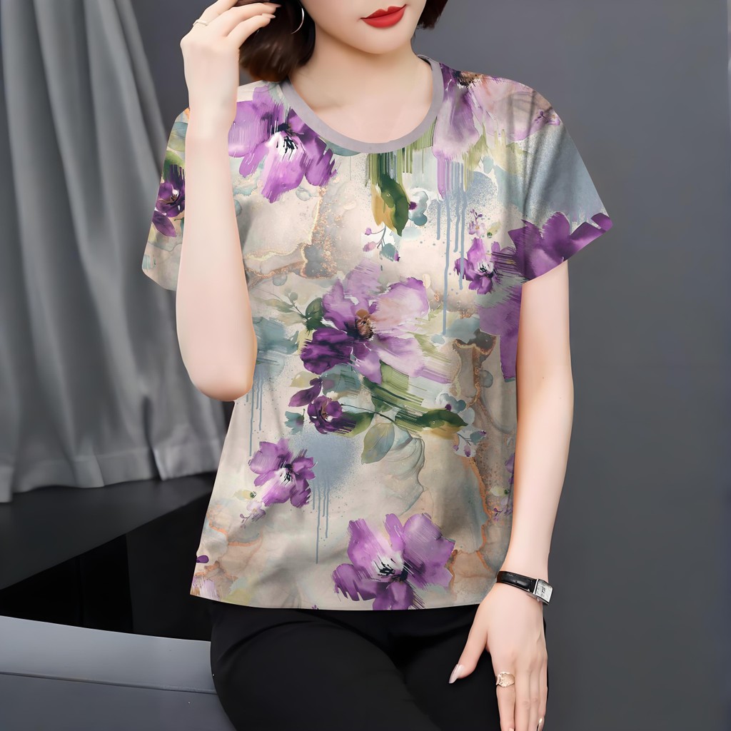 2568เสื้อพิมพ์ลายดอกไม้สวยงามเสื้อไซส์ใหญ่สําหรับผู้หญิงเสื้อยืดผู้หญิงแฟชั่นแขนสั้นหลวมผู้หญิงเสื้อยืดเสื้อหรูหราสวมใส่สบายเสื้อลําลองส
