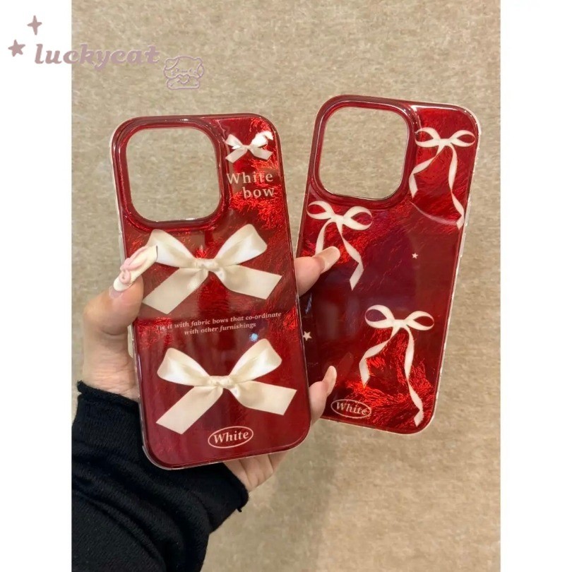 Iphone 16 15 14 13 12 11 Pro Max X Xr Xs Max 7 8 Plus SE2020 เคสโทรศัพท์ Ins หวานครีมสีขาวโบว์นุ่ม + Stand ฝาหลัง