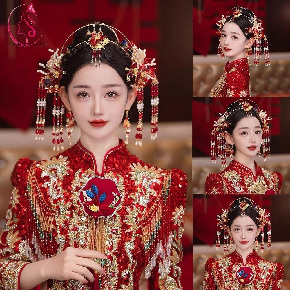 Oceanmap เจ้าสาว Tiaras, พู่สไตล์จีนเจ้าสาว Headdress, อัญมณีโบราณหรูหราดอกไม้งานแต่งงาน Hairband เครื่องประดับผม