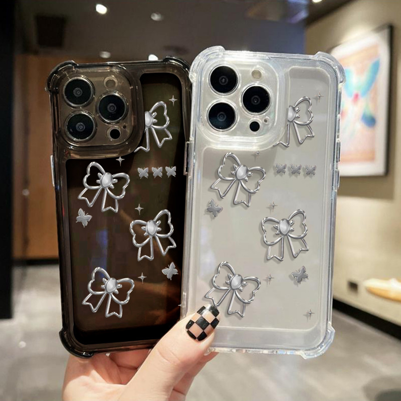 นิ่มกันกระแทกเคสโทรศัพท์ เคสสำหรับ เคส iphone11 เคสไอโฟน 13 14 15 12XR 7 8 6 Plus X XS 15Pro MAXโบว์เงิน