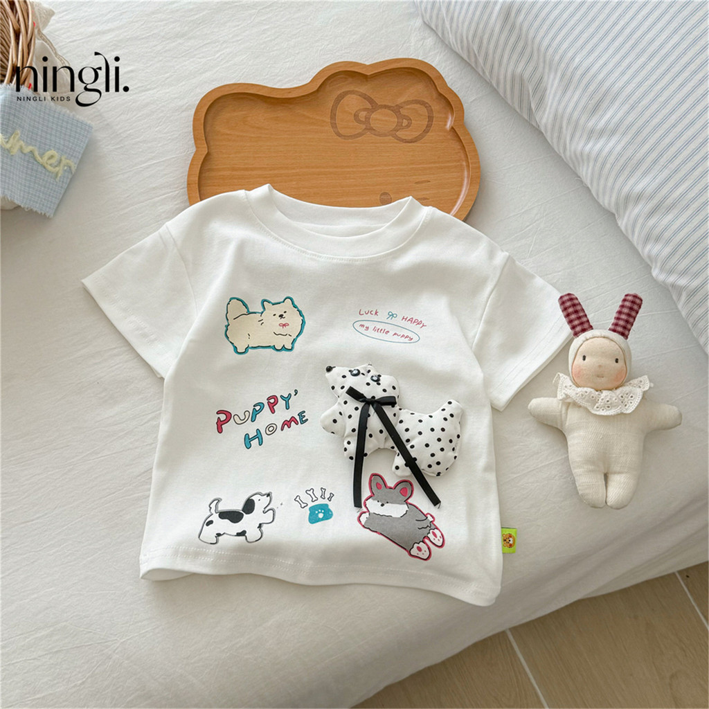 ชุดเด็กผ้าฝ้ายบริสุทธิ์ เสื้อยืดแขนสั้นสำหรับเด็กผู้หญิง ลายการ์ตูนตุ๊กตา 3D สุนัขน่ารัก เสื้อยืดฤดูร้อนใหม่สำหรับเด็กผู้ชาย