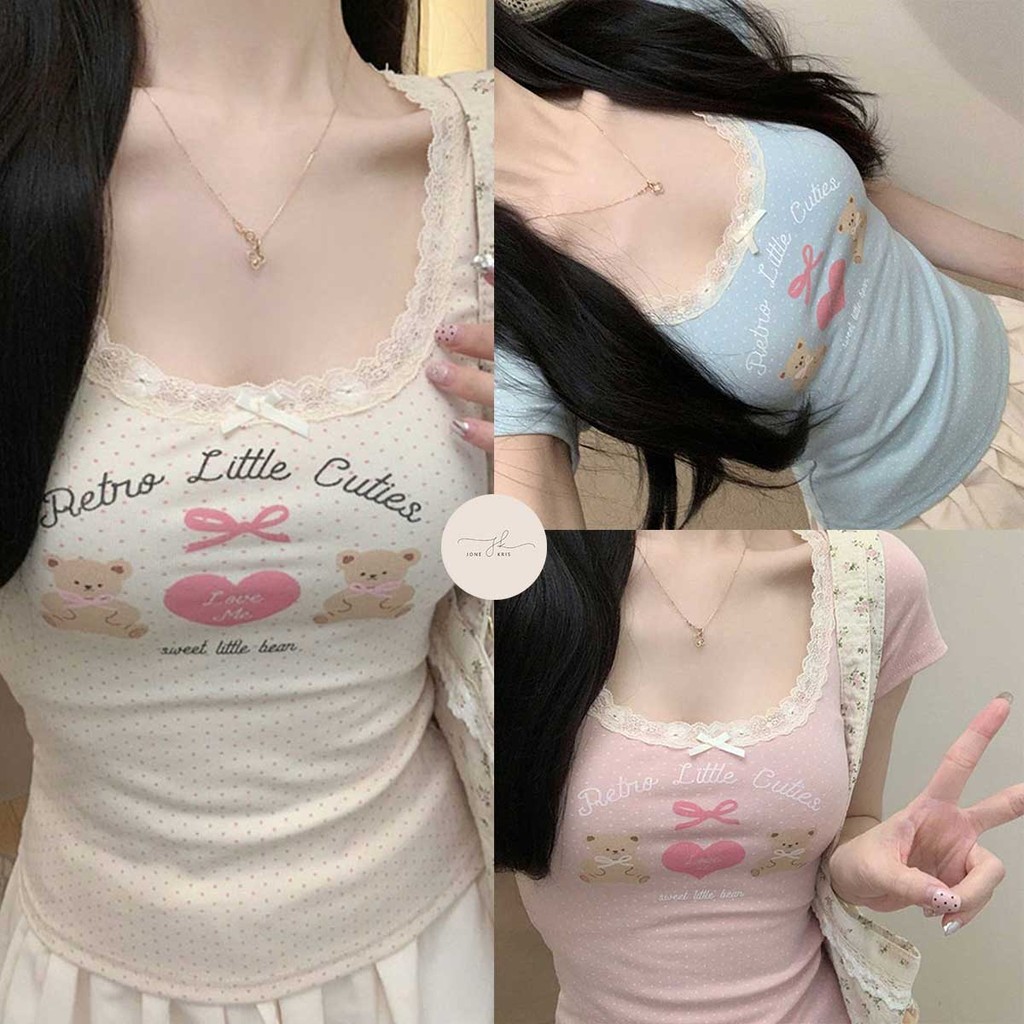 เสื้อยืดสั้นแขนลูกไม้ ทรงพอดีตัวสำหรับสาวหวาน