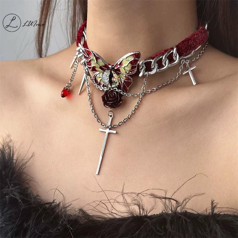LUImo Vintage Y2K สร้อยคอผู้หญิงแฟชั่นกํามะหยี่ sel คริสตัลคอโซ่ Gothic โซ่ใหม่