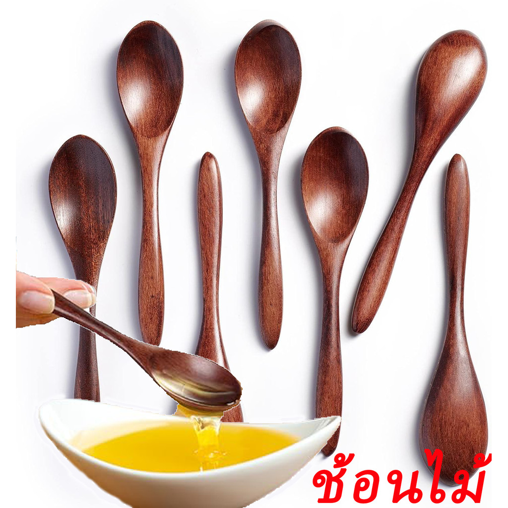 ช้อนขนมน้ําผึ้งไม้ / ช้อนชาไม้บนโต๊ะอาหาร / ที่ตักทําอาหารมือยาว