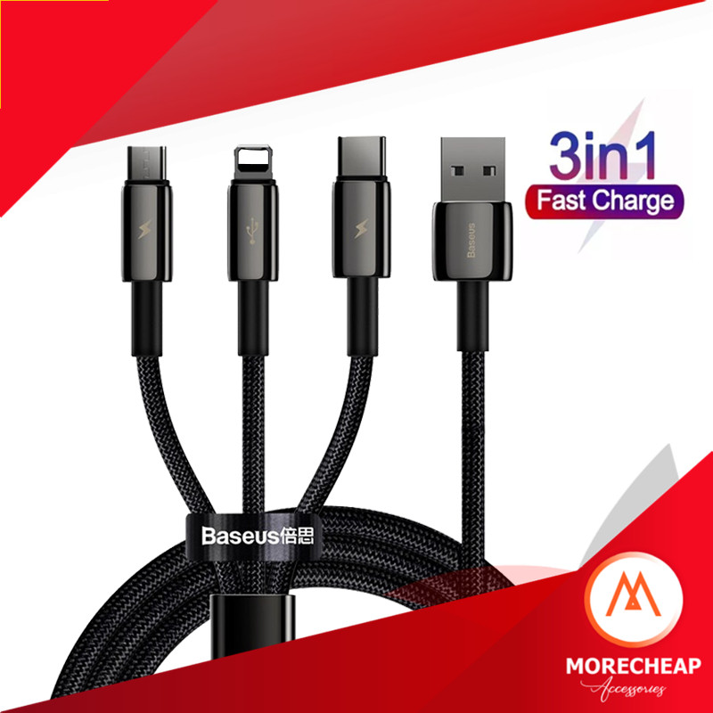 🔥ถูก/แท้🔥Baseus 3in1 สายถัก USB To Micro / LN / TypeC 3.2 Max All in one Cable Fast charge