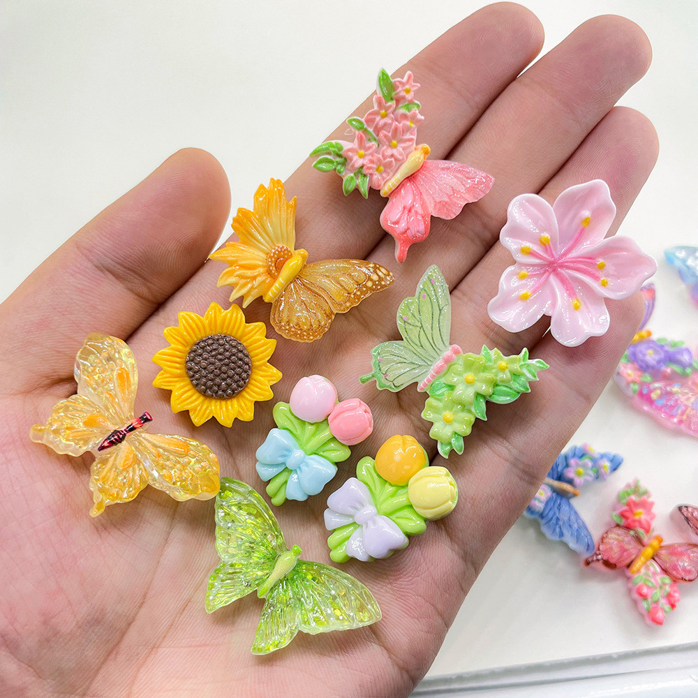10 ชิ้นน่ารักดอกไม้ที่มีสีสันผีเสื้อ Flatback เรซิ่น Cabochon Scrapbooking Craft DIY เครื่องประดับผม Bows อุปกรณ์เสริม