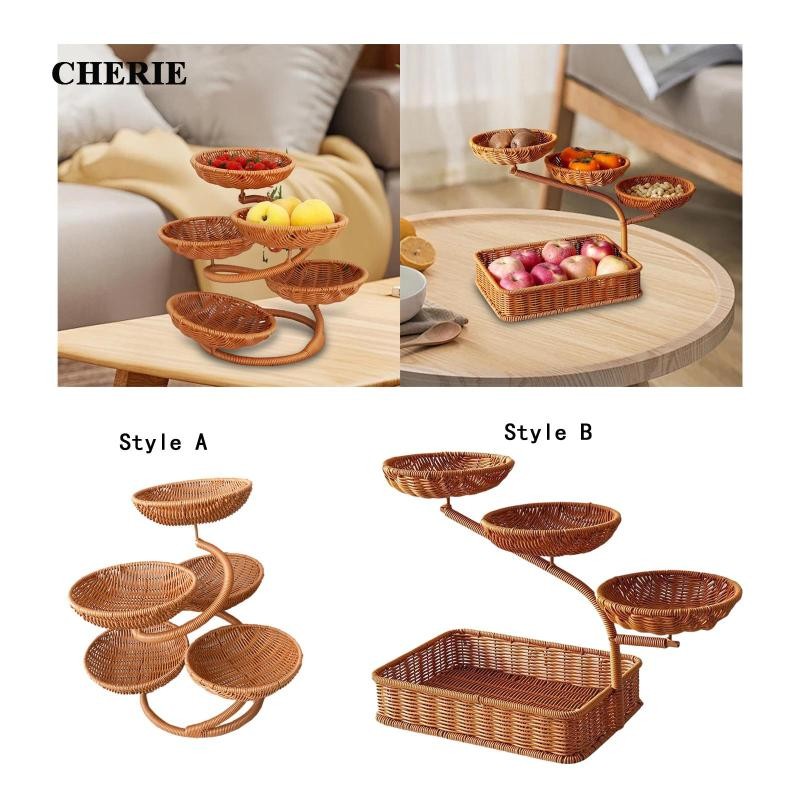 [Chery] ตะกร้าผลไม้ถาดเสิร์ฟ Organizer Rack Multi ชั้นทอมือเลียนแบบหวายผักผู้ถือสําหรับหัวหอม Pastry Veggie