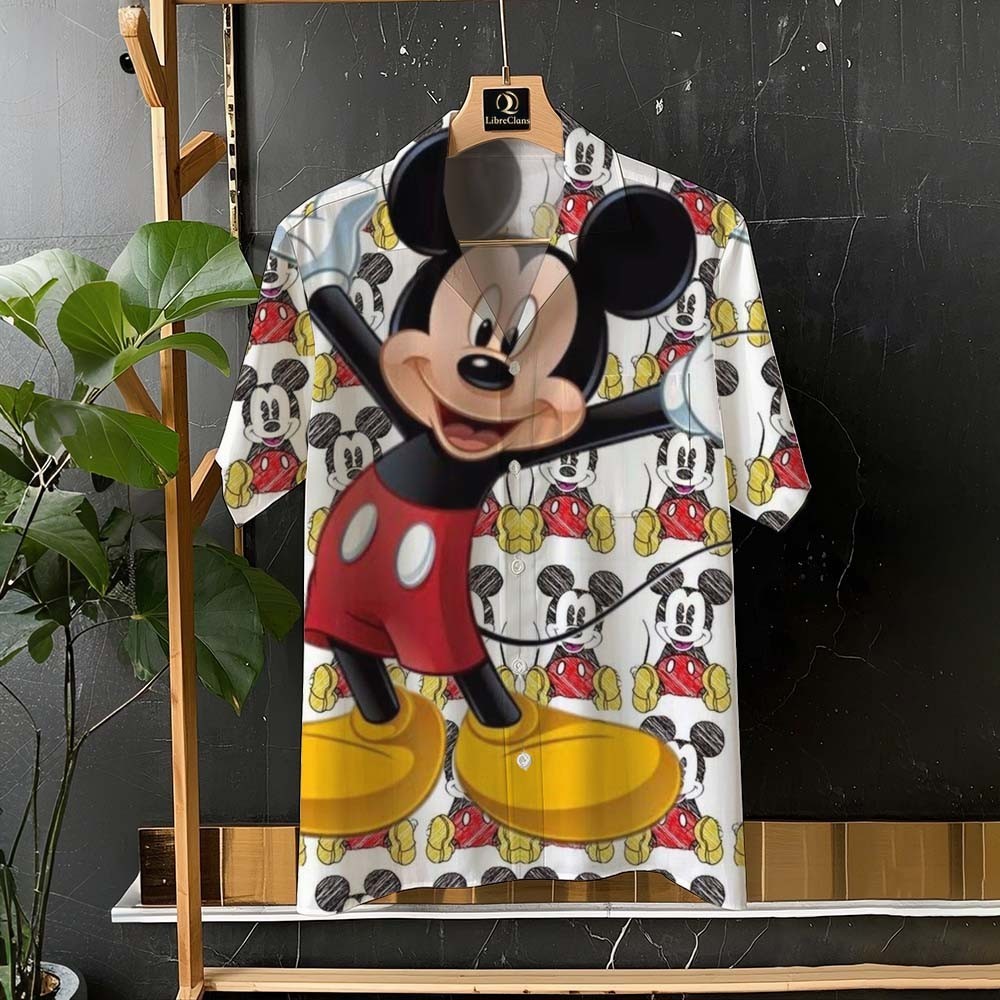 ฤดูร้อนใหม่ Mickey Mouse Mickey Minnie Donald Doug, Hawaii, เสื้อเชิ้ตแขนสั้นมีกระเป๋าวันหยุด, ระบาย
