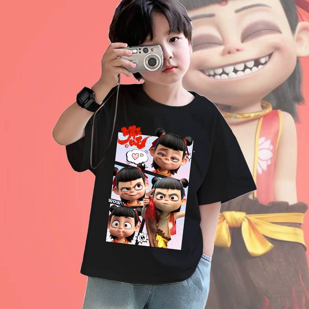 Nezha 2 เสื้อยืดเด็กการ์ตูนร้อน Nezha พิมพ์เสื้อผ้า nezha2 tshirt ชายหญิงผ้าฝ้ายหลวม Baju แขนสั้นด้า