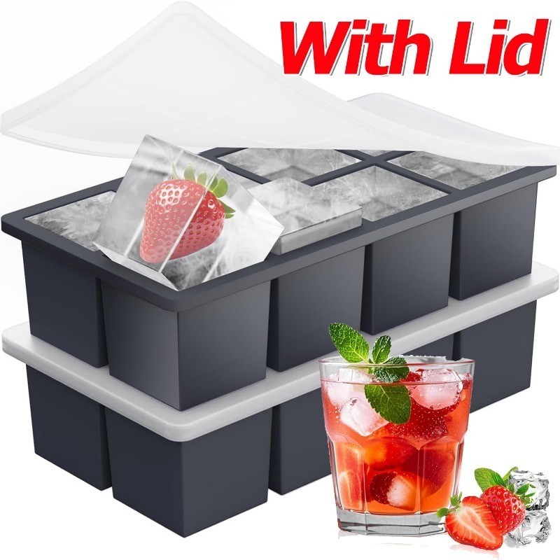 อัพเกรดถาดน้ําแข็งกันรั่วพร้อมฝาปิด - แม่พิมพ์ก้อนน้ําแข็งขนาดใหญ่ซิลิโคนเกรดอาหาร - เครื่องทําน้ําแข็งก้อนในครัวเรือนสําหรับวิสกี้และกล