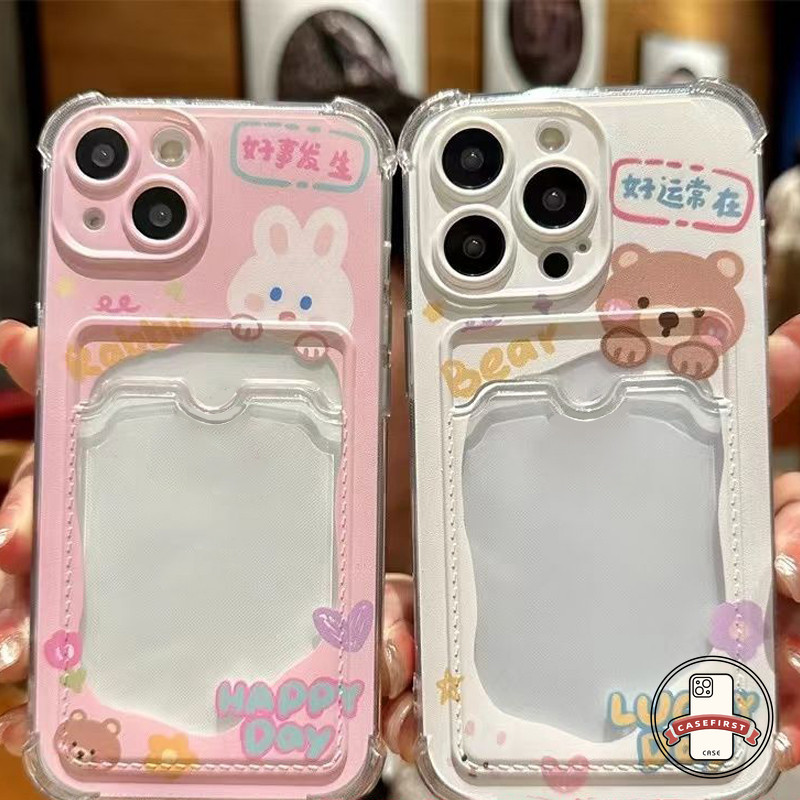 ความหรูหรากระเป๋าสตางค์ช่องใส่บัตรสีชมพูกระต่ายน่ารักหมี เคส IPhone 11 12 14 16 13 15 Pro Max XS Max 7 8 15 16 Plus X XR