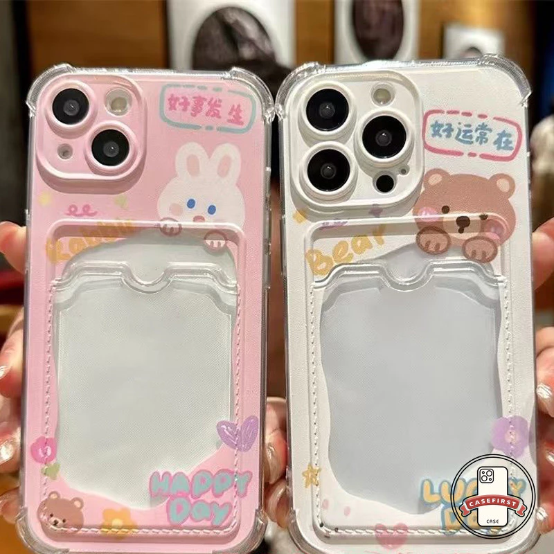 ความหรูหรากระเป๋าสตางค์ช่องใส่บัตรสีชมพูกระต่ายน่ารักหมี เคส IPhone 11 12 14 16 13 15 Pro Max XS Max 7 8 15 16 Plus X XR