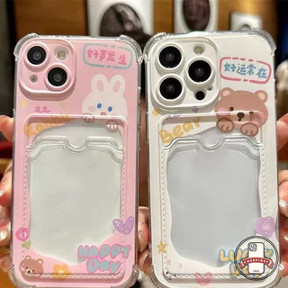 ความหรูหรากระเป๋าสตางค์ช่องใส่บัตรสีชมพูกระต่ายน่ารักหมี เคส IPhone 11 12 14 16 13 15 Pro Max XS Max 7 8 15 16 Plus X XR