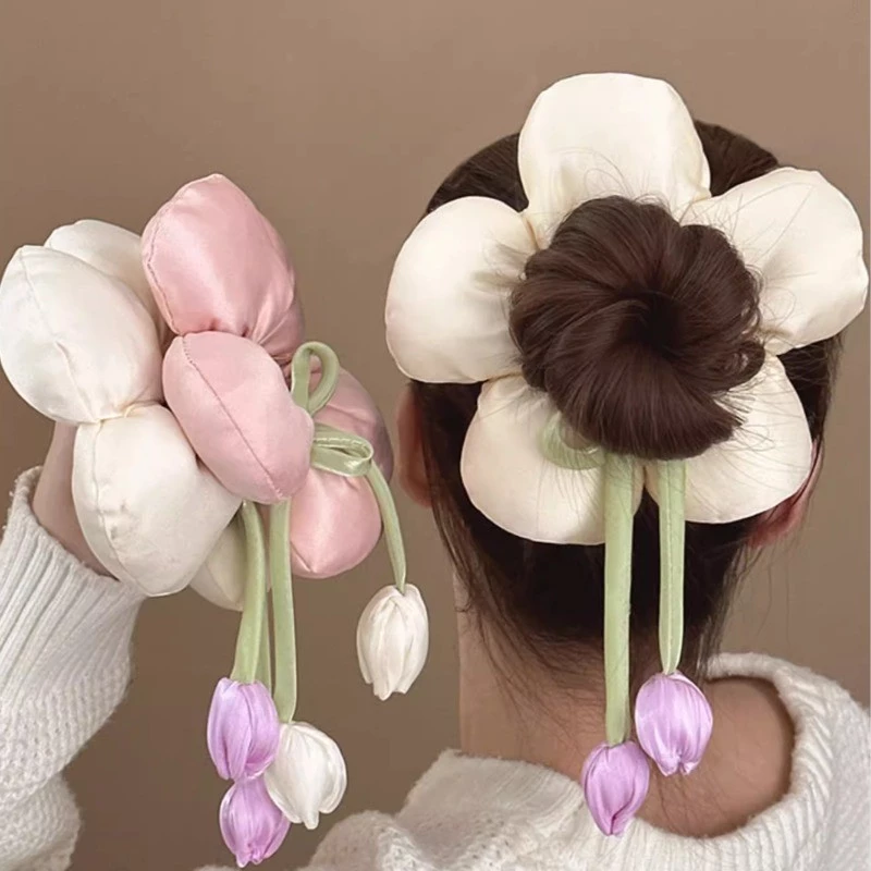 แฟชั่น Dangle ทิวลิปดอกไม้รูปร่างเชือกผม Scrunchies หางม้าผูกผมเครื่องประดับผม