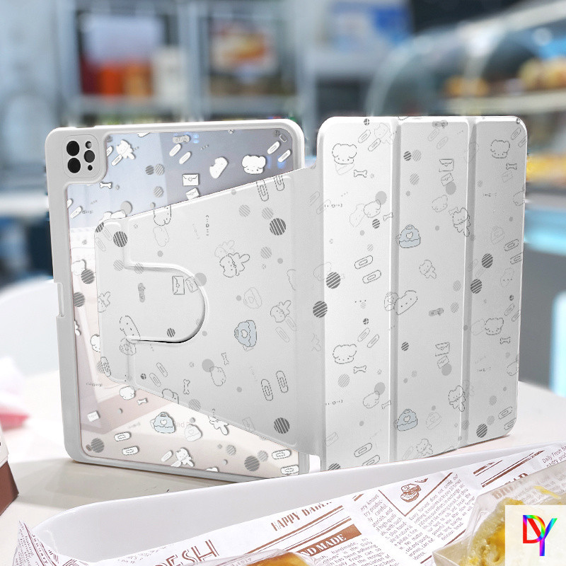 เคส iPad หมุนได้ 360 องศา + ช่องเสียบปากกาสําหรับ iPad 10th Gen11 2025/10.2 gen9 gen8 Air11 Air1/2 gen5/6 9.7 Air4 Air5/6 10.9 Pro11 การ์ตูนสัตว์สีเทาอะคริลิค iPad ปก