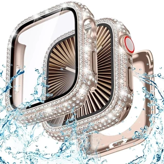 Bling แก้ว + ฝาครอบเพชร PC กันชน + หน้าจอสําหรับ Apple Watch 45 มม.44/40 41 มม.Iwatch Series 10 46 มม.42/9 8 7 5 6