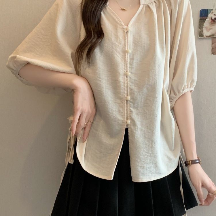 ส่งไวจากไทย⭐Summer⭐M-2XL  ผู้หญิงฤดูร้อนเกาหลีรุ่นคอวีชีฟองครึ่งแขนเสื้อผู้หญิงฤดูร้อนด้านบน