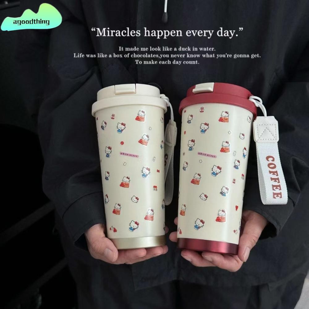 AGOODTHING Hello Kitty ถ้วยกาแฟ, ถ้วยเก็บความร้อนการ์ตูนสองชั้น 500 มล., Cinnamoroll Reausable ของขวัญที่ใช้งานได้จริงถ้วยฉนวน Drinkware
