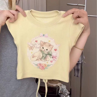 เสื้อยืดเด็กหญิงโดปามีนพิมพ์ลายแมวเข้ารูปแขนสั้นใส่แล้วดูผอม…