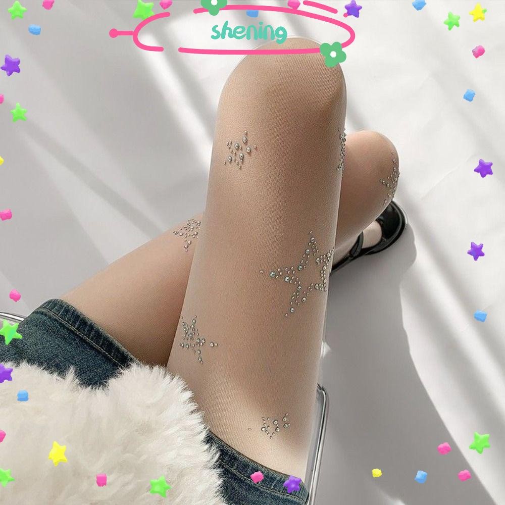 Shening ต้นขาสูงถุงน่อง, Fishnet ผู้หญิง Pantyhose, Kawaii Star Diamond Rhinestone Bling JK Lolita สาวชุดชั้นใน Pantyhose
