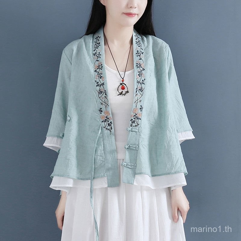 H Anfu ด้านบน qipao ด้านบนผู้หญิงเสื้อสไตล์จีนฤดูร้อนเสื้อผ้าผ้าฝ้ายและผ้าลินินเสื้อผู้หญิงเย็บปลอมสองชิ้น3/4แขนเย็บปักถักร้อยกบปุ่มด้านบน