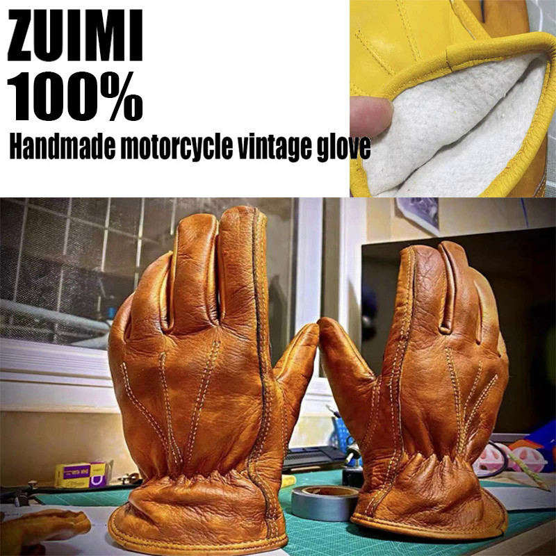 Fleece Winter Genuine Leather Motorcycle Gloves Retro Motocross Vintage Touch Screen Riding Biker Mo