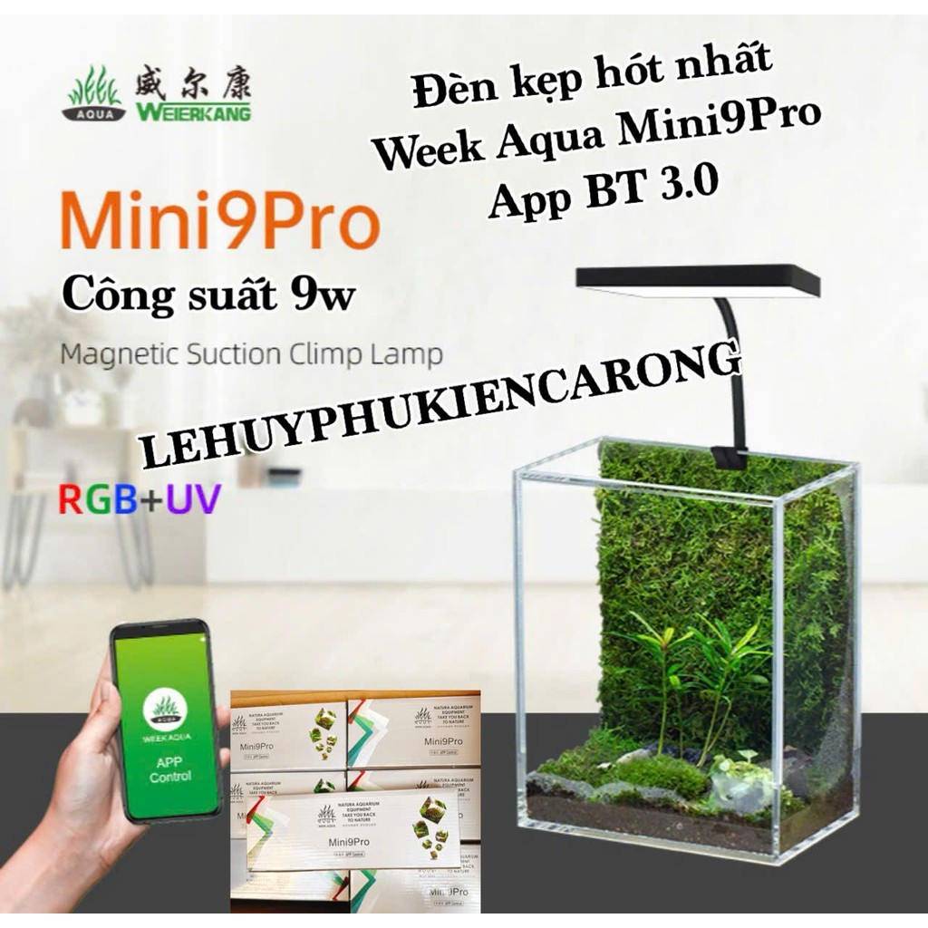 Week Aqua MINI9 Pro Clip-on Light – WRGB + UV – APP Control – ความจุ 9W – สําหรับตู้ปลาแก้ว 5–8 มม.