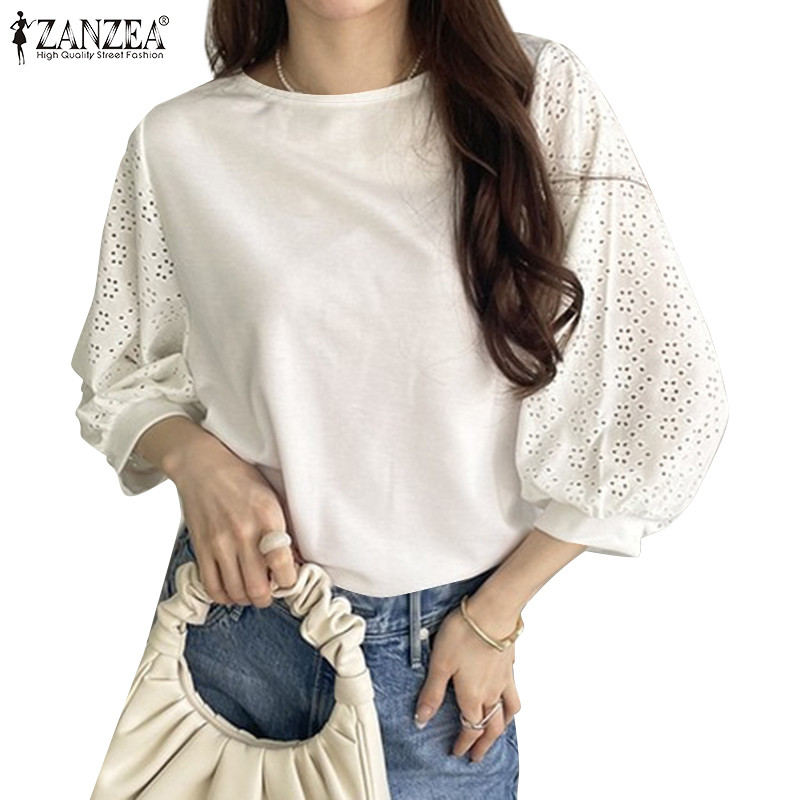 ZANZEA ใส่ ซานเซีย ผู้หญิงเกาหลีสบายๆประกบเย็บปักถักร้อยแขนโคมไฟกลวงเสื้อยืดหลวม