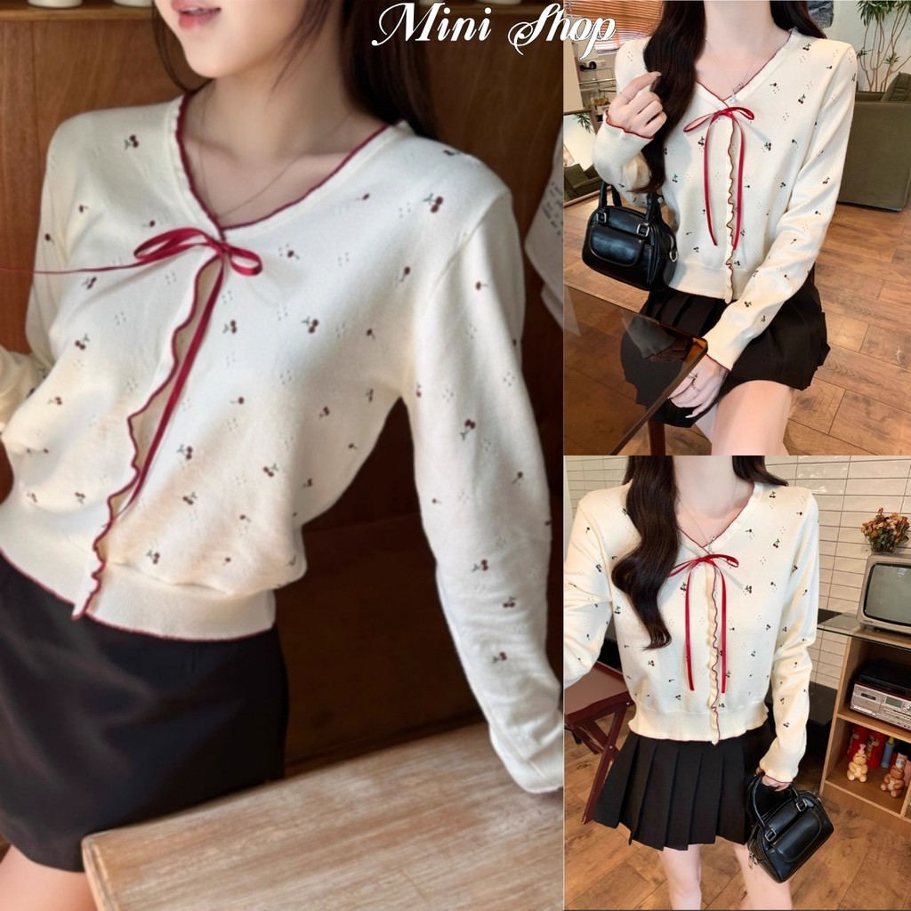 Mini shop พร้อมส่ง (Z-AD17)เสื้อไหมพรมแขนยาว คอวี สไตล์เกาหลี ลายดอกไม้คาวาอี้สีครีม สีพาสเทล สวมใส่สบาย เสื้อถัก