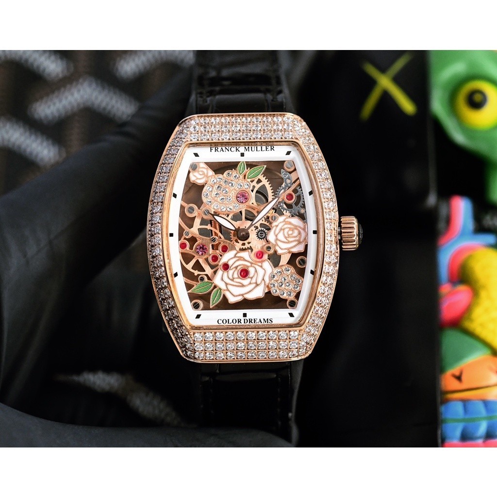 Franck Muller V32 Vanguard Rose Skeleton ขนาด 32*42.3 มม. พร้อมกลไกควอตซ์สวิส Ronda นาฬิกาผู้หญิง