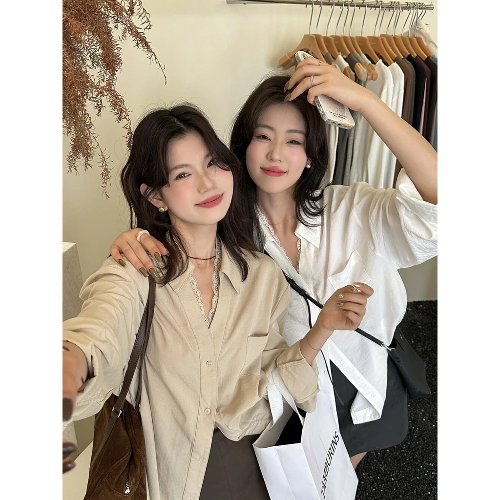 MIMI&DIDI#เสื้อเชิ้ตแฟชั่นแขนยาวการออกแบบฝรั่งเศสลูกไม้ประกบเสื้อคอวีของผู้หญิง ย้อนยุค ฤดูใบไม้ร่วง สไตล์เกาหลี#W527