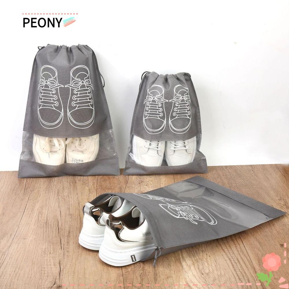 Peonypavilion รองเท้ากระเป๋าผ้าไม่ทอ Drawstring Storage Pouch ที่มีประโยชน์แบบพกพากันฝุ่นสีเทา/สีดํา/สีฟ้าไม่ทอกระเป๋ารองเท้า Home