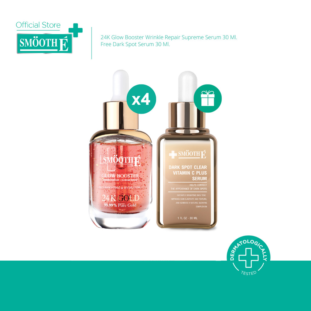 [แพ็คสุดคุ้ม 4 ฟรี 1] Smooth E 24k Glow Booster Wrinkle Repaire Supreme Serum 30 ml. x4 Free Dark Spot 30 ml.