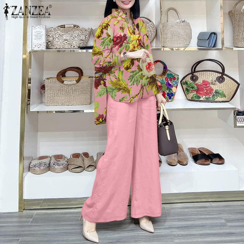 ZANZEA ใส่ ซานเซีย ผู้หญิงเกาหลีข้อเท้าความยาวเอวยางยืดพิมพ์เปิดลง-ปกเสื้อชุดสองชิ้น — صورة 4