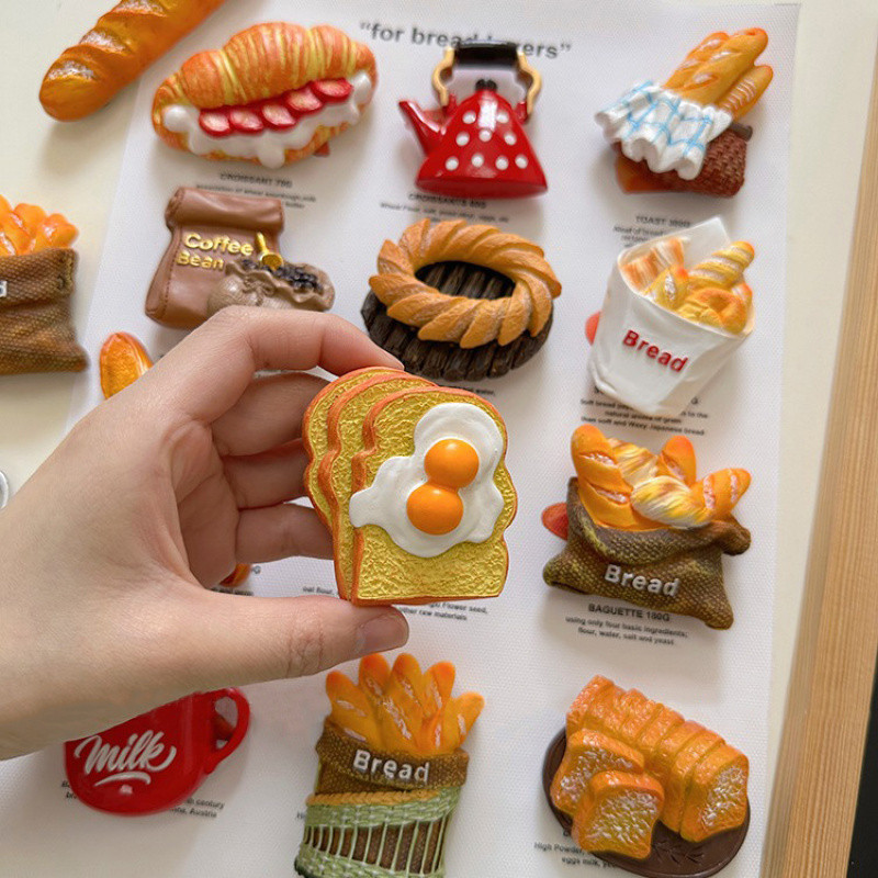INS น้ำชายามบ่ายขนมปังสามมิติ3มิติบาแกตต์แม่เหล็กติดตู้เย็น