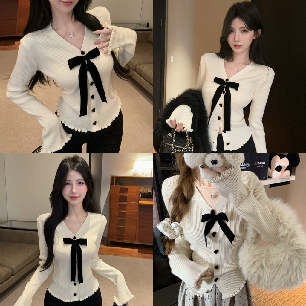 Kayla เสื้อไหมพรม สีแอปริคอท คอวี กระดุมหัวใจ แต่งโบว์ ขอบหยัก เสื้อแขนยาว สไตล์เกาหลี แฟชั่น น่ารัก#JH139