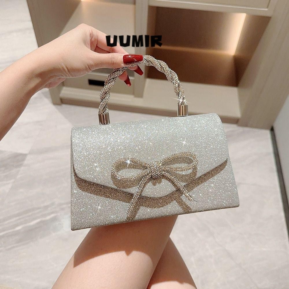 Uumir กระเป๋าราตรี, กระเป๋าคลัทช์เงินสีทองแวววาว, กระเป๋าสะพายแฟชั่น Rhinestone Bowknot สําหรับงานแต่งงาน