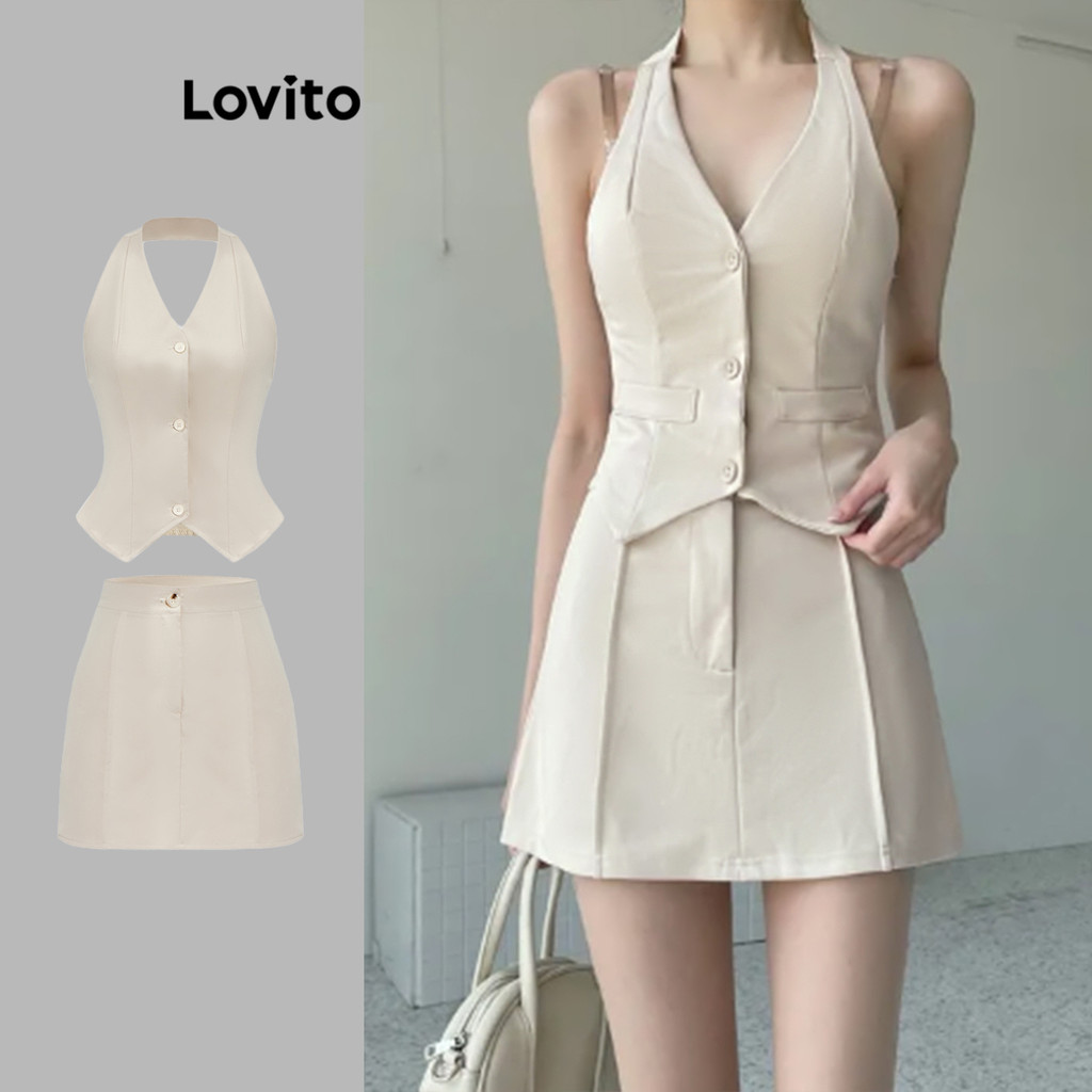 Lovito ชุดกระโปรงกระดุมธรรมดาแบบลำลองสำหรับผู้หญิง L108ED942