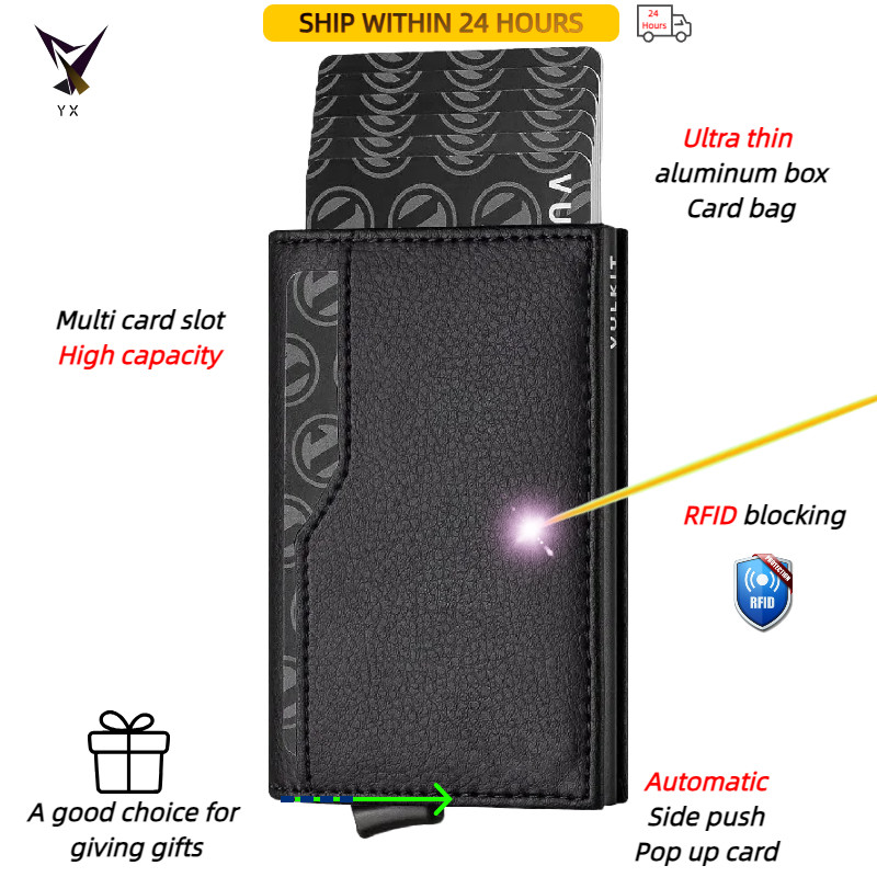 กระเป๋าใส่บัตรผู้ชายหนังแท้ RFID ป้องกันการโจรกรรมกระเป๋าเงินความจุขนาดใหญ่กล่องอลูมิเนียมบางเฉียบที่ใส่บัตรเครดิต