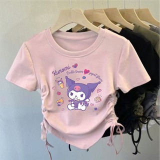 2025 Cinnamoroll และ Kuromi Girl Cartoon Drawstring Tee Summer Stylish Crop Top Design