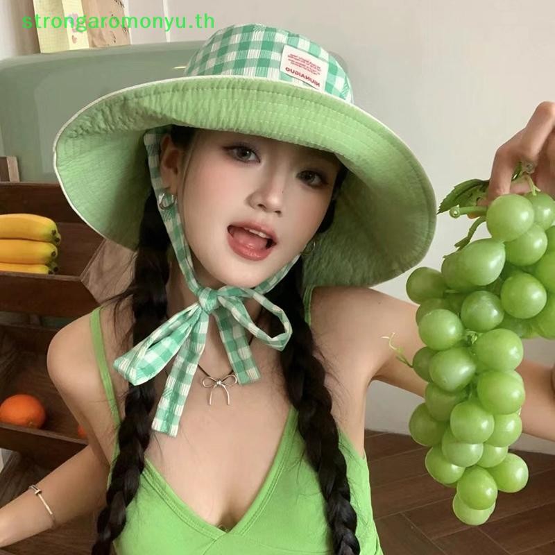 Strongaromonyu Double-ด้านลายสก๊อตกว้างLace-up Bucketหมวกฤดูร้อนกลางแจ้งอเนกประสงค์หวานสีตัดกันลายสก๊อตหมวกผู้หญิงTH