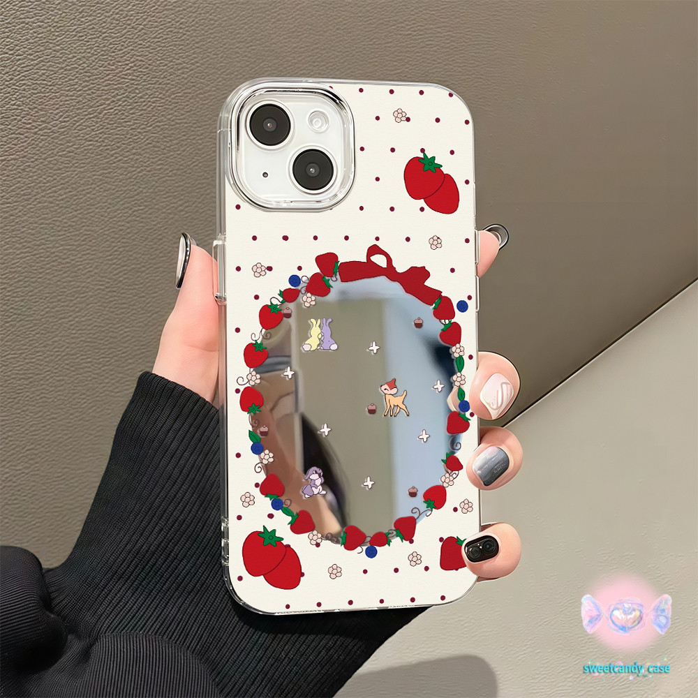 จัดส่งในพื้นที่ เคสแบบกระจกมิเรอร์ สตรอเบอร์รี่กระจกโต๊ะเครื่องแป้งรอบ สําหรับIPhone16 15 14 13 7 8plus Pro PromaxXR XS – โปรปัง