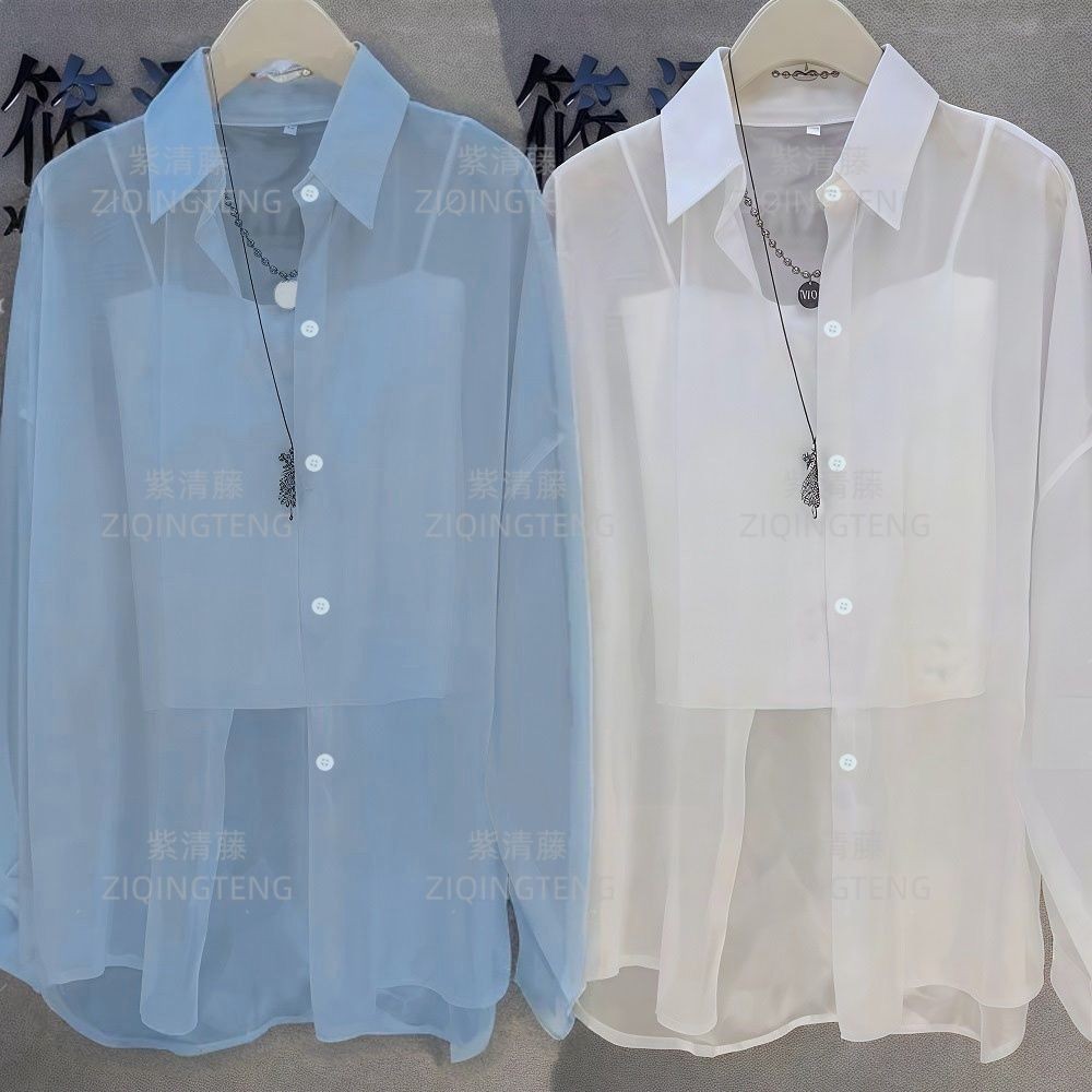 เสื้อเชิ้ตแขนยาวผ้าชีฟองผู้หญิงฤดูร้อนสไตล์บางแฟชั่นเวอร์ชั่นเกาหลีทุกการแข่งขันด้านบน